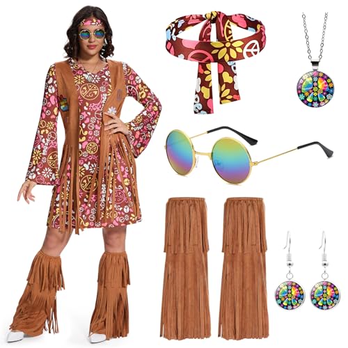 Ulikey Hippie Kostüm Damen, Hippie Kleidung Damen 70er Jahre Kleid Schlagermove Outfit Damen mit Fransenweste Stiefelüberzieher für Karneval Halloween Cosplay (Braun, L) von Ulikey