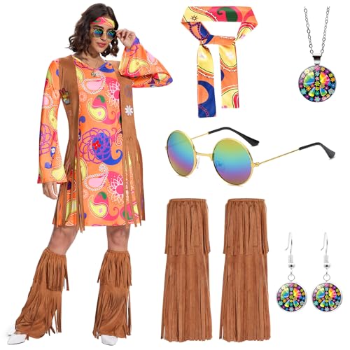 Ulikey Hippie Kostüm Damen, Hippie Kleidung Damen 70er Jahre Kleid Schlagermove Outfit Damen mit Fransenweste Stiefelüberzieher für Karneval Halloween Cosplay (Orange, 2XL) von Ulikey