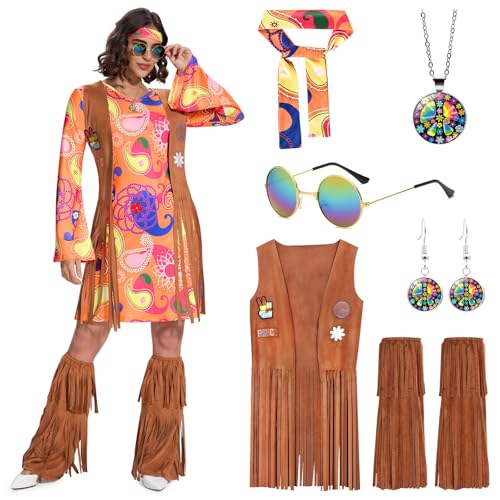 Ulikey Hippie Kostüm Damen, Hippie Kleidung Damen 70er Jahre Kleid Schlagermove Outfit Damen mit Fransenweste Stiefelüberzieher für Karneval Halloween Cosplay (Orange, L) von Ulikey