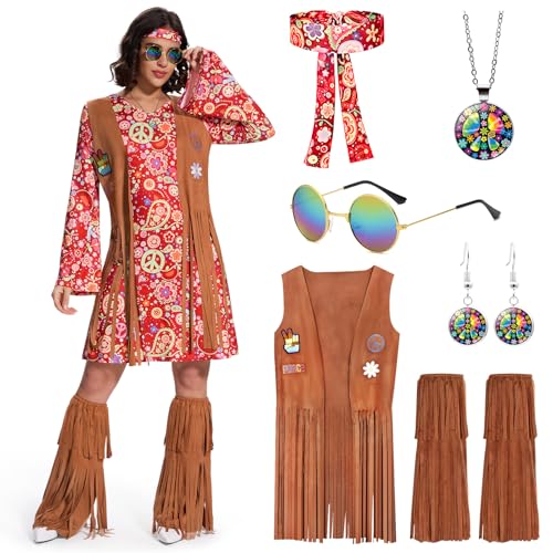 Ulikey Hippie Kostüm Damen, Hippie Kleidung Damen 70er Jahre Kleid Schlagermove Outfit Damen mit Fransenweste Stiefelüberzieher für Karneval Halloween Cosplay (Rot, L) von Ulikey