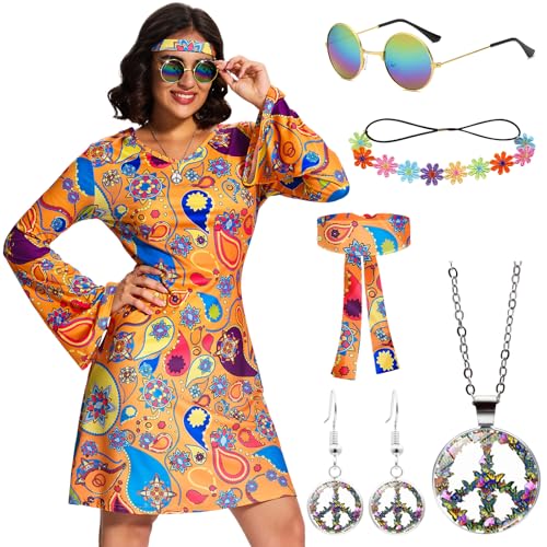 Ulikey Hippie Kostüm Damen, Schlagermove Outfit Damen 60er 70er Jahre Bekleidung Damen mit Hippie Brille Haarband Blumengirlande Halskette Ohrringe, Geeignet für Karneval (Orange, 2XL) von Ulikey