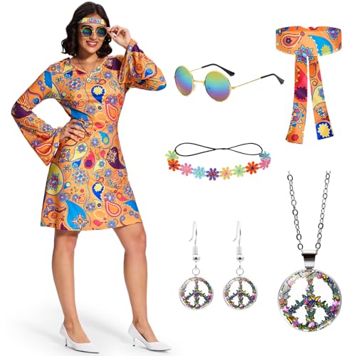 Ulikey Hippie Kostüm Damen, Schlagermove Outfit Damen 60er 70er Jahre Bekleidung Damen mit Hippie Brille Haarband Blumengirlande Halskette Ohrringe, Geeignet für Karneval (Orange, L) von Ulikey