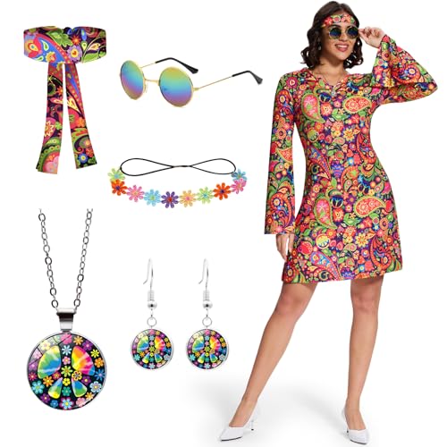 Ulikey Hippie Kostüm Damen, Schlagermove Outfit Damen 60er 70er Jahre Bekleidung Damen mit Hippie Brille Haarband Blumengirlande Halskette Ohrringe, Geeignet für Karneval (Rot, 2XL) von Ulikey