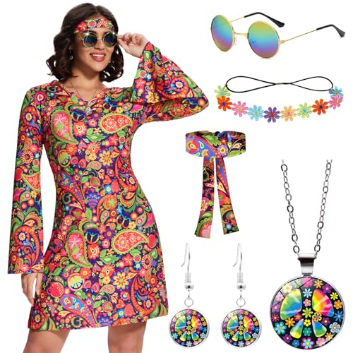 Ulikey Hippie Kostüm Damen, Schlagermove Outfit Damen 60er 70er Jahre Bekleidung Damen mit Hippie Brille Haarband Blumengirlande Halskette Ohrringe, Geeignet für Karneval (Rot, L) von Ulikey