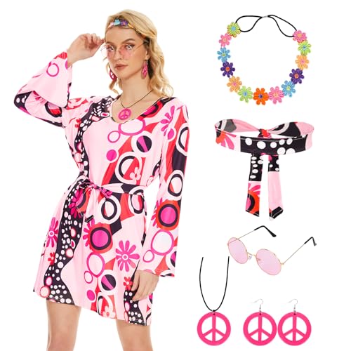 Ulikey Hippie Kostüm Damen Set, 70er Jahre Bekleidung Damen, 60er 70er Kleid Hippie Kleidung Frauen Mädchen Disco Kleider, Pink Hippie Kostüm Damen Accessoires für Halloween Karneval Cosplay (L) von Ulikey