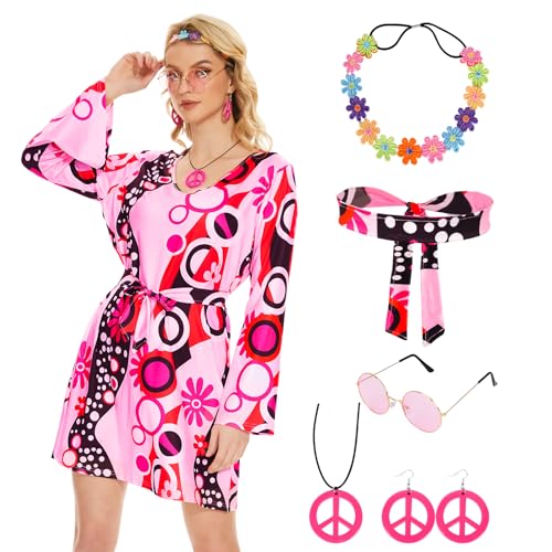 Ulikey Hippie Kostüm Damen Set, 70er Jahre Bekleidung Damen, 60er 70er Kleid Hippie Kleidung Frauen Mädchen Disco Kleider, Pink Hippie Kostüm Damen Accessoires für Halloween Karneval Cosplay (L) von Ulikey