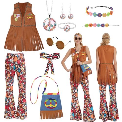 Ulikey Hippie Kostüm Damen Set, 70er Jahre Damenhose und Hippie Kleidung Damen zubehör, Fransen Weste + Schlaghose + Tasche + Frieden Zeichen Halskette Ohrringe, Hippie Kostüm für Karneval Party (M) von Ulikey