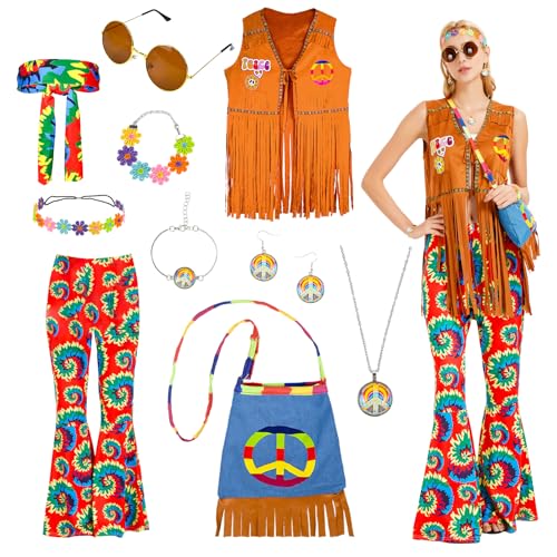 Ulikey Hippie Kostüm Damen Set, Frauen Hippie Kostüm Set mit Fransenweste Schlaghose Hippie Accessoires, 60er 70er Jahre Faschingskostüm Hippie Damen, Boho Hippie kleidung für Karneval Disco (L) von Ulikey