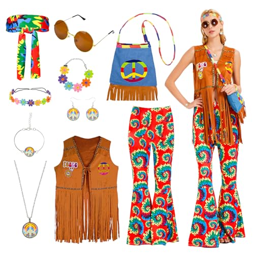 Ulikey Hippie Kostüm Damen Set, Frauen Hippie Kostüm Set mit Fransenweste Schlaghose Hippie Accessoires, 60er 70er Jahre Faschingskostüm Hippie Damen, Boho Hippie kleidung für Karneval Disco (L) von Ulikey