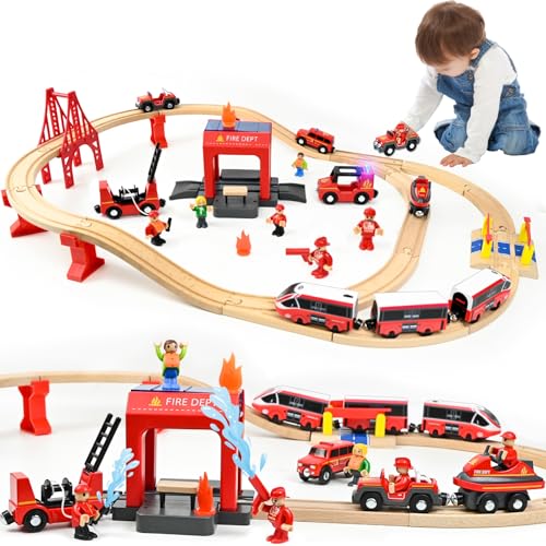 Ulikey Holzeisenbahn Set Kinder, 58 Teiliges Holzeisenbahn Schienen und Zug Spielzeug, Modelleisenbahn-Set mit Elektrische Lok und Feuerwehr, Spielzeugeisenbahn-Set Geschenk für Jungen und Mädchen von Ulikey