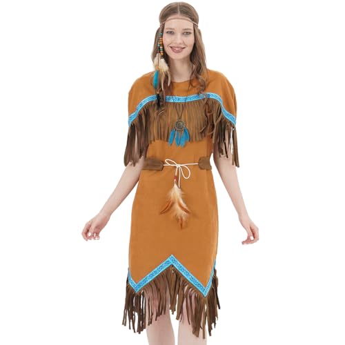 Ulikey Indianer Kostüm Damen, Karneval Kostüm Damen Indianerin, Indianer Style Damen Kleid mit Feder Stirnband, Gürtel und Halskette, Indianerkostüm für Karneval Fasching Halloween Party Cosplay (L) von Ulikey