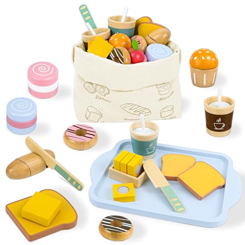 Ulikey Kinderküche Zubehör Holz, Lernspielzeug Holz Bäckerei Spielzeug Set mit Schneide Lebensmittel und Klett-Verbindung, Hölzerne Spielset Küchenzubehör Rollenspiele Jungen und Mädchen Geschenke von Ulikey