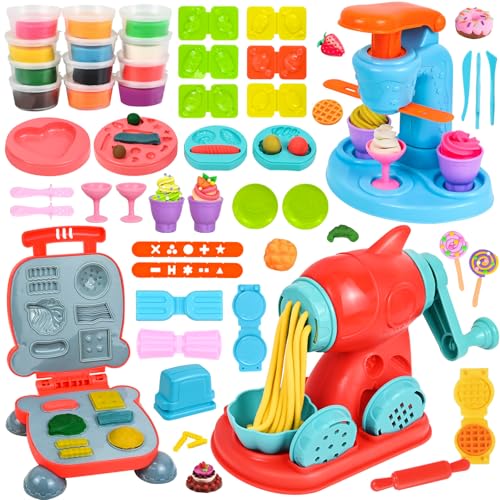 Ulikey Knete Dough Set für Kinder, 43 Stück Knete Set Knetwerkzeug und 12 Dosen Knete, Eismaschine Nudelmaschine Burgermaschine, Knete Set Spielzeug Geschenk für Mädchen Junge ab 3 Jahre von Ulikey