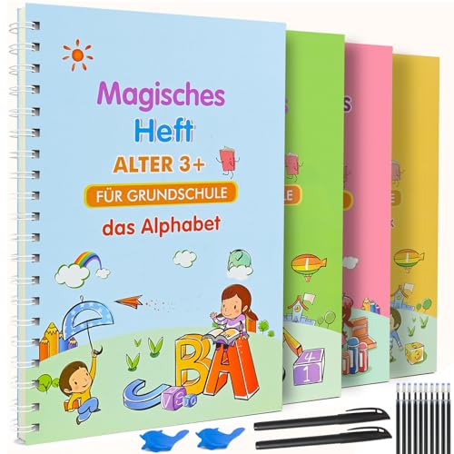 Ulikey Magische Vorschule Übungshefte ab 3 Jahre, 4 Stück Deutsch Magisches Heft mit 2 Magischer Stift, 10 Nachfüllungen, 2 Schreibhilfe, Wiederverwendbare Kalligraphie übungsheft für Kinder von Ulikey