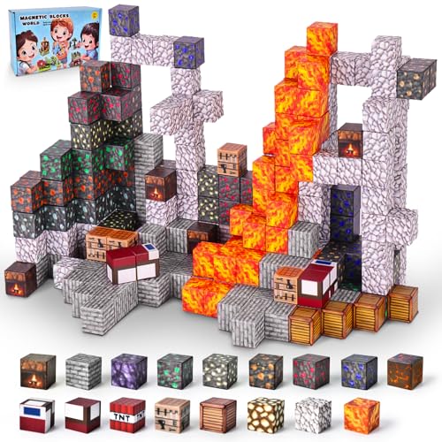 Ulikey Magnetische Bausteine, 80 Stück Magnetic Building Cubes 2.5CM Magnetische Würfel Set Bergwerke Magnetische Bauwelt Mine Magnet Welt für Jungen und Mädchen ab 3 4 5 6 7Jahren (Bergmann Lava) von Ulikey