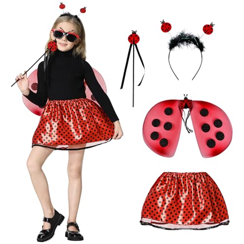 Ulikey Ladybug Kostüm Kinder, 5-Teiliges Marienkäfer Kostüm Kinder mit Flügel, Tüllrock, Zauberstab und Tiara, Cosplay Ladybug Kostüm, Feen Rock Ballett Kleider für Karneval Cosplay Party Fasching von Ulikey