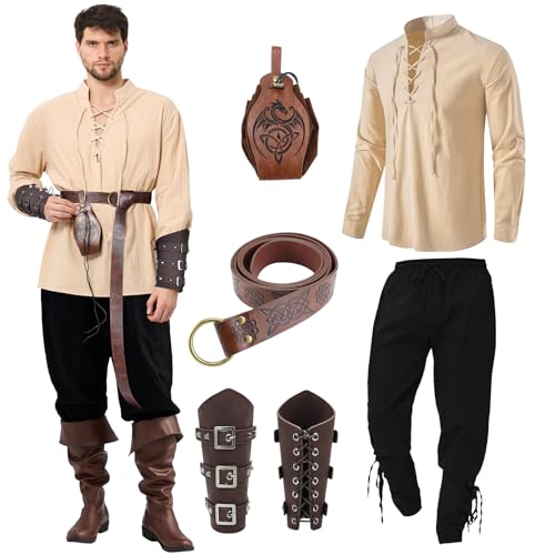 Ulikey Mittelalter Kleidung Herren Set, Herren Renaissance Kostüm Set, Mittelalterliches Piratenhemd, Mittelalter Hose Viking Kostüm mit Knöchelriemen, Gürtel, Handgelenkschützer (Beige, L) von Ulikey