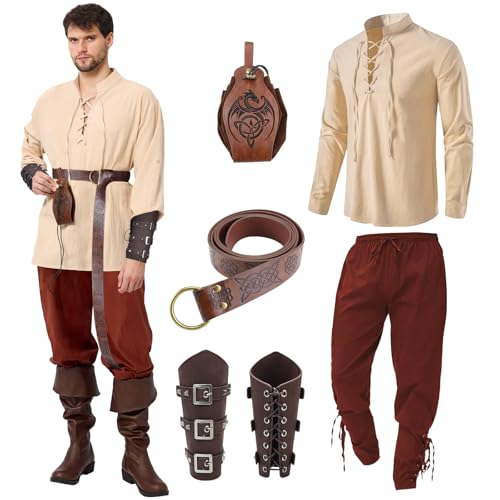 Ulikey Mittelalter Kleidung Herren Set, Herren Renaissance Kostüm Set, Mittelalterliches Piratenhemd, Mittelalter Hose Viking Kostüm mit Knöchelriemen, Gürtel, Handgelenkschützer (Braun, L) von Ulikey