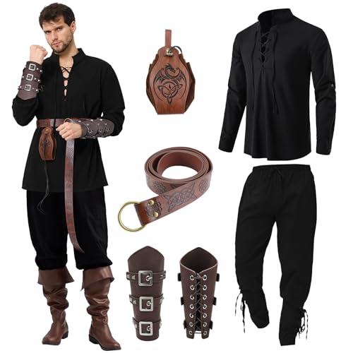 Ulikey Mittelalter Kleidung Herren, Karneval Herren Renaissance Kostüm Set mit Mittelalterliches Piratenhemd, Mittelalter Hose Viking Kostüm, Gürtel, Handgelenkschützer für Faschingskostüme(Schwarz,L) von Ulikey