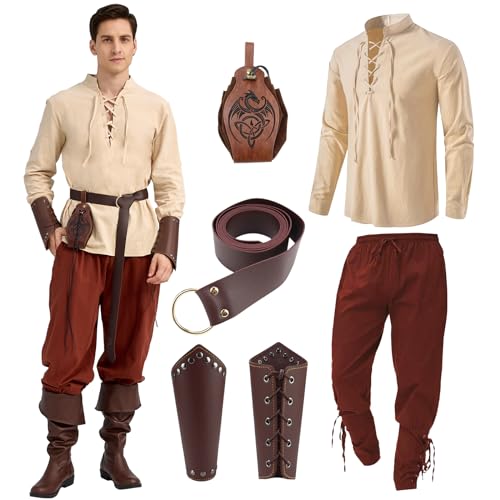 Ulikey Mittelalter Kleidung Herren Set, Herren Renaissance Kostüm Set mit Herren Mittelalterliches Piratenhemd, Hose, Gürtel, Handgelenkschützer für Halloween Karneval Kostüm Cosplay (Beige, M) von Ulikey