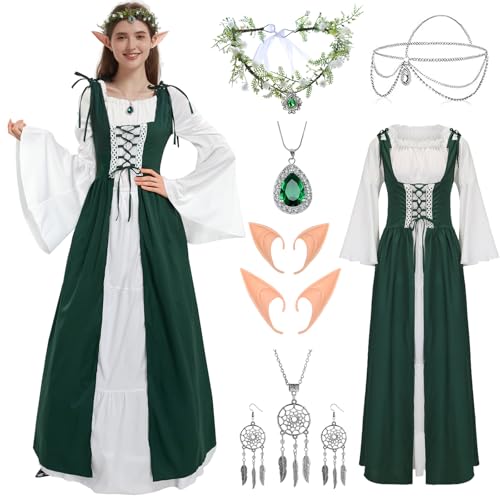 Ulikey Mittelalter Kostüm Damen, Mittelalter Renaissance Kleid mit Trompetenärmel, Steampunk Elfen Piraten Karneval Kostüm mit Kopf Kette Blumenkranz Elfenohren, Gothic Retro Kleid (Grün, M) von Ulikey