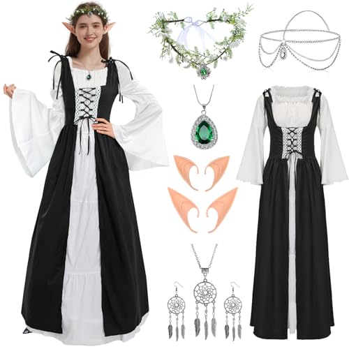 Ulikey Mittelalter Kostüm Damen, Mittelalter Renaissance Kleid mit Trompetenärmel, Steampunk Elfen Piraten Karneval Kostüm mit Kopf Kette Blumenkranz Elfenohren, Gothic Retro Kleid (Schwartz, S) von Ulikey