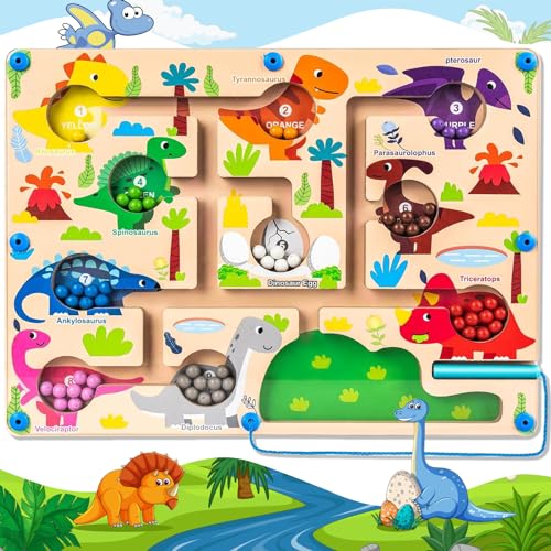 Ulikey Montessori Spielzeug Magnetspiel Labyrinth, Labyrinth Dinosaurier Holzspielzeug, Zahlen Farben Lernen Sortierspiel Busy Board, Lernspiele Motorikspielzeug Geschenk für Kinder ab 3 Jahre von Ulikey