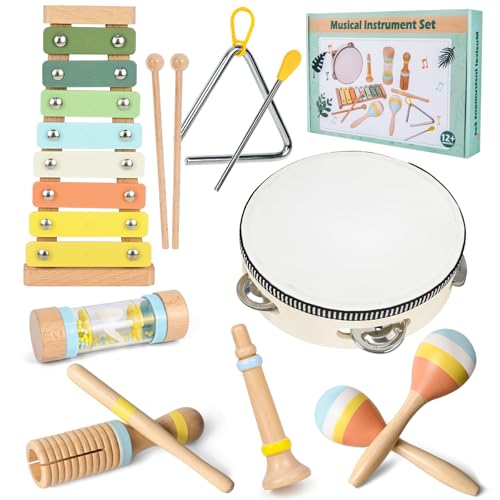 Ulikey Musikinstrumente Kinder Set, 7 in 1 Musikinstrumente Holzspielzeug ab 1 Jahre Montessori Spielzeug, Schlaginstrumente aus Holz Set für Geburtstag Weihnachts Geschenk für Junge Mädchen von Ulikey