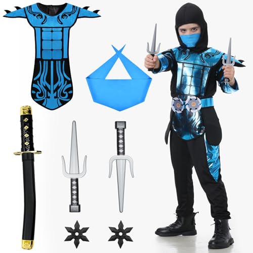 Ulikey Ninja Kostüm Kinder, 10 Stück Ninja Kostüm Kit, Kinderkostüm Ninja Set Ninja Anzug Kinder mit Ninja Zubehör für Karneval Party Cosplay (Blau, L) von Ulikey