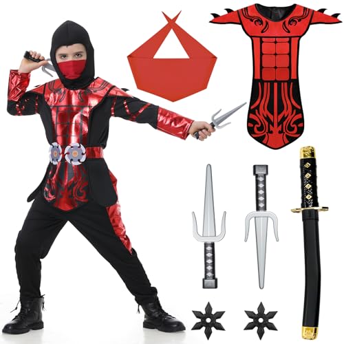 Ulikey Ninja Kostüm Kinder, 10 Stück Ninja Kostüm Kit, Kinderkostüm Ninja Set Ninja Anzug Kinder mit Ninja Zubehör für Karneval Party Cosplay (Rot, L) von Ulikey