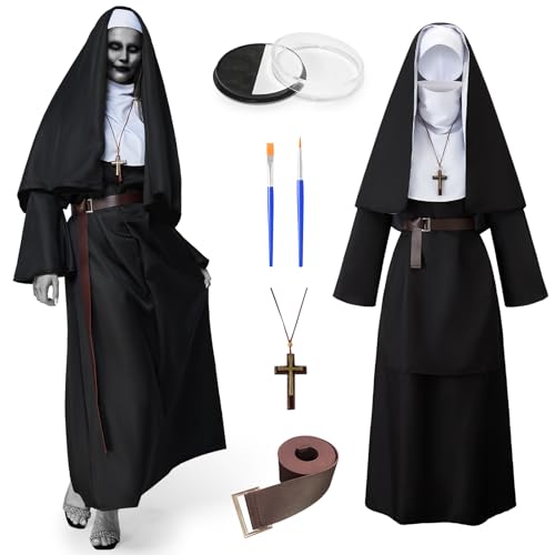 Ulikey Nonnen Kostüm, Halloween Scary Nonne Outfit mit Kopfbedeckungen, Kreuz Halskette, Gürtel für Halloween Cosplay (L) von Ulikey