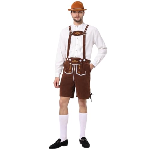 Ulikey Oktoberfest Herren Outfit, Herren Deutsch Bayern Oktoberfest Kostüm Set Oktoberfest Kleidung Herren mit Abnehmbarem Lätzchenträger, Hemden, Kniesocken und Bayerischen Filzhüte (Braun, 3XL) von Ulikey