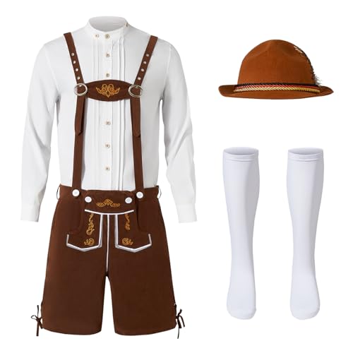 Ulikey Oktoberfest Herren Outfit, Herren Deutsch Bayern Oktoberfest Kostüm Set Oktoberfest Kleidung Herren mit Abnehmbarem Lätzchenträger, Hemden, Kniesocken und Bayerischen Filzhüte (Braun, XXL) von Ulikey