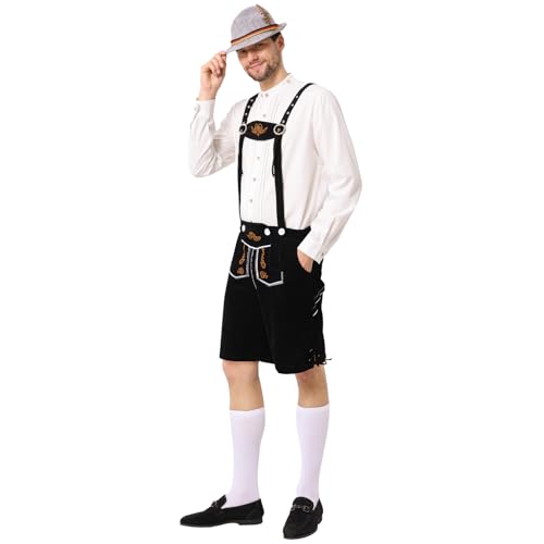 Ulikey Oktoberfest Herren Outfit, Herren Deutsch Bayern Oktoberfest Kostüm Set Oktoberfest Kleidung Herren mit Abnehmbarem Lätzchenträger, Hemden, Kniesocken und Bayerischen Filzhüte (Schwarz, XL) von Ulikey