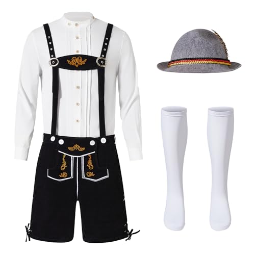 Ulikey Oktoberfest Herren Outfit, Herren Deutsch Bayern Oktoberfest Kostüm Set Oktoberfest Kleidung Herren mit Abnehmbarem Lätzchenträger, Hemden, Kniesocken und Bayerischen Filzhüte (Schwarz, M) von Ulikey