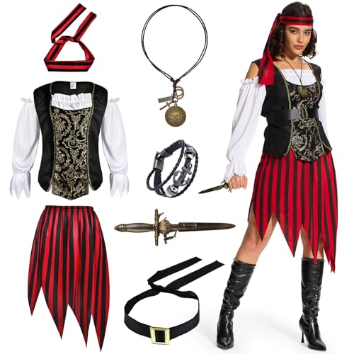 Ulikey Piraten Kostüm Damen, Piratin Kostüm Erwachsene, Piraten Kleid Set mit Piraten Oberteil, Rock, Piraten Kopftuch, Gürtel, Halskette, Armband für Halloween und Karneval (M) von Ulikey