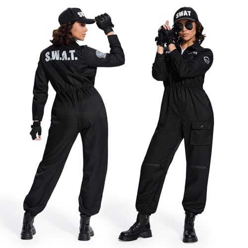 Ulikey SWAT Kostüm Damen, SWAT Jumpsuit Damen Polizei Kostüm Damen Set Karneval Security Overall Erwachsene mit SWAT Baseballkappe, Sonnenbrille und Handschuhe für Karneval Halloween (M) von Ulikey