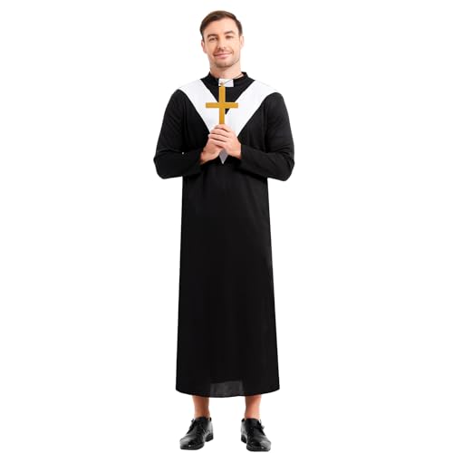 Ulikey Priester Kostüm für Herren, Authentische Priester Robe für Karneval, Pfarrer Kostüm Männer Schwarz für Halloween Karneval Fasching Cosplay, Kirche, Mottopartys& Veranstaltungen von Ulikey