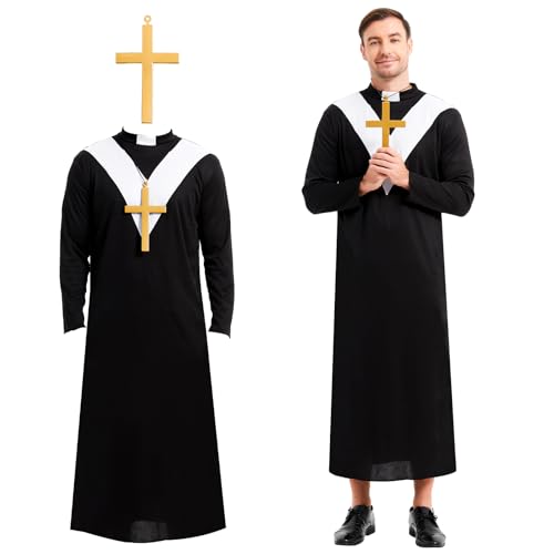 Ulikey Priester Kostüm für Herren, Authentische Priester Robe für Karneval, Pfarrer Kostüm Männer Schwarz für Halloween Karneval Fasching Cosplay, Kirche, Mottopartys& Veranstaltungen von Ulikey