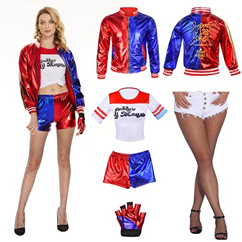 Ulikey Quinn Kostüme für Erwachsene, Halloween Quinn Kostüme Cosplay, Quinn Cosplay Kostüme für Enthalten Jacke, T-Shirt, Shorts, Handschuh und Bösewicht für Halloween Karneval Cosplay (XXL) von Ulikey