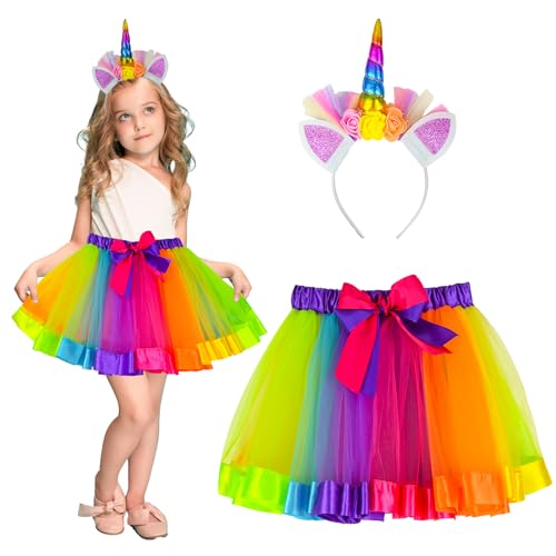 Ulikey Regenbogen Tütü Mädchen, 2 Stück Einhorn Kostüm Prinzessin Set, Regenbogen Tutu Rock + Einhorn Haarreif, Tüllrock Bunt Einhorn Kostüm Mädchen für Halloween Weihnachten Karneval Geburtstag Party von Ulikey