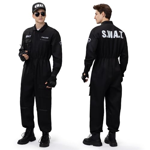 Ulikey SWAT Kostüm Herren, SWAT Jumpsuit Herren Polizei Kostüm Erwachsene Set Karneval Security Overall Herren mit SWAT Baseballkappe, Sonnenbrille und Handschuhe für Karneval Halloween (L) von Ulikey