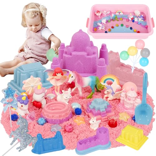 Ulikey Sand Sandbox Set, Einhorn Magic Spielsand, Spielsand Koffer mit 900g Regenbogen Knetsand und 39 pcs Zubehör, Strandwerkzeuge Sensorisch Sandspielzeug Zaubersand Einhorn Geschenk für Kinder 3+ von Ulikey