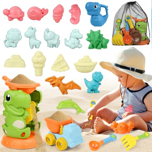 Ulikey Sandspielzeug Set, Sandkasten Strand Spielzeug Set in Wiederverwendbarer Netzbeutel, mit Dino Sand Formen und Spaten Schaufel, Wasser Spielzeug, Badespielzeug für Jungen und Mädchen von Ulikey