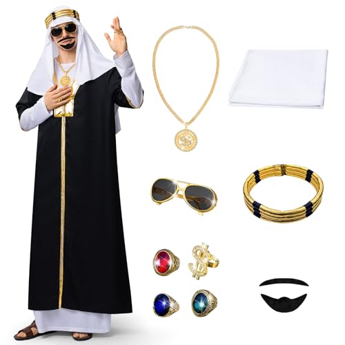 Ulikey Scheich Kostüm Herren, 10 Stück Kostüm Scheich Araber Costume Sceicco Arabo Schwarzes Araber Kostüm mit Schnurrbart, Halsketten, Sonnenbrillen, Kopftuch für Karneval, Party, Cosplay (L) von Ulikey