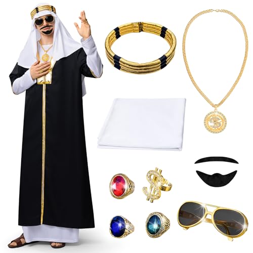 Ulikey Scheich Kostüm Herren, 10 Stück Kostüm Scheich Araber Costume Sceicco Arabo Schwarzes Araber Kostüm mit Schnurrbart, Halsketten, Sonnenbrillen, Kopftuch für Karneval, Party, Cosplay (L) von Ulikey