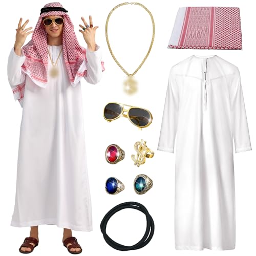 Ulikey Scheich Kostüm Herren, Araber Kostüm, Kostüm Scheich Araber, Arabisches Weißes Gewand mit Kopftuch, Finger Ring, Halsketten, Sonnenbrillen für Party, Cosplay (2XL) von Ulikey