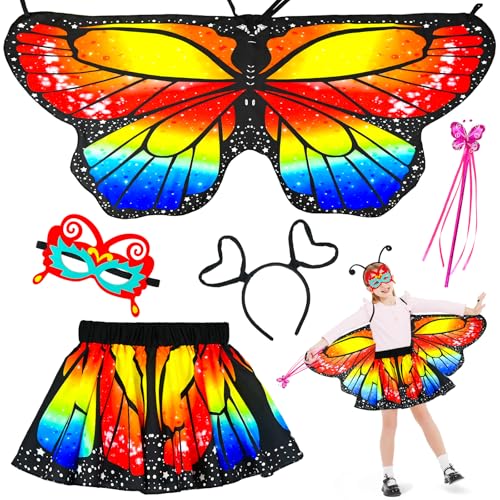 Ulikey Schmetterling Kostüm Kinder, 5 Stück Schmetterling Umhang Kinder Set mit Maske, Tutu Rock, Haarbänder und Feenstäbe, Schmetterling Umhang Kostüm für Mädchen Karneval Fasching Halloween (Rot) von Ulikey