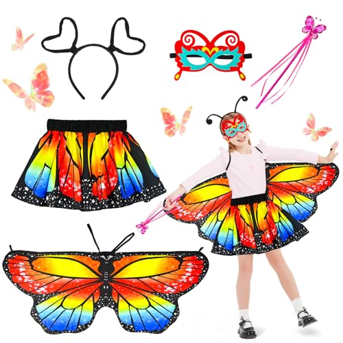 Ulikey Schmetterling Kostüm Kinder, 5 Stück Schmetterling Umhang Kinder Set mit Maske, Tutu Rock, Haarbänder und Feenstäbe, Schmetterling Umhang Kostüm für Mädchen Karneval Fasching Halloween (Rot) von Ulikey