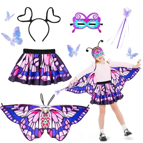 Ulikey Schmetterling Kostüm Kinder, 5 Stück Schmetterling Umhang Kinder Set mit Maske, Tutu Rock, Haarbänder und Feenstäbe, Schmetterling Umhang Kostüm für Mädchen Karneval Fasching Halloween (Lila) von Ulikey